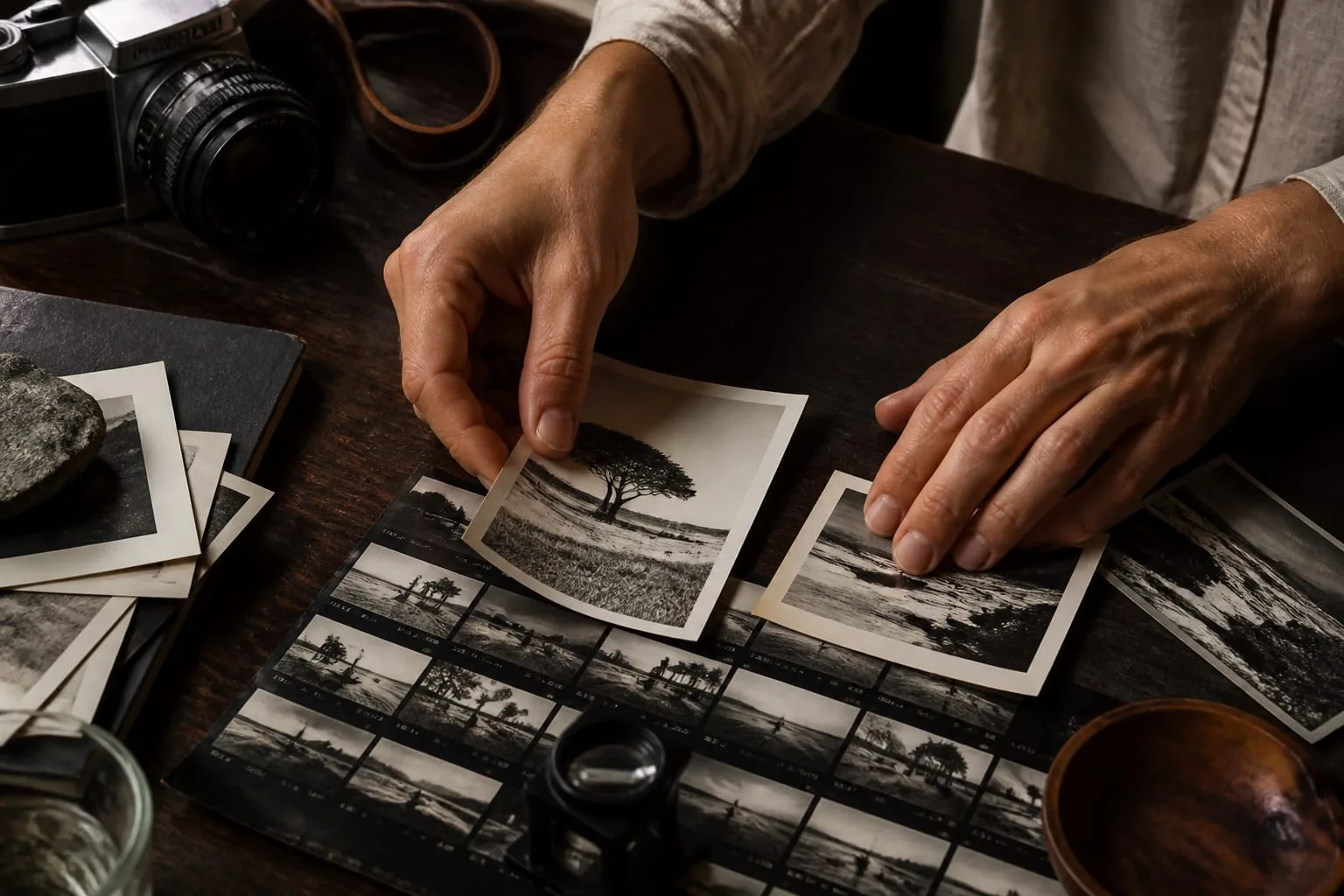 Mesa de trabajo con fotografías impresas y una cámara analógica