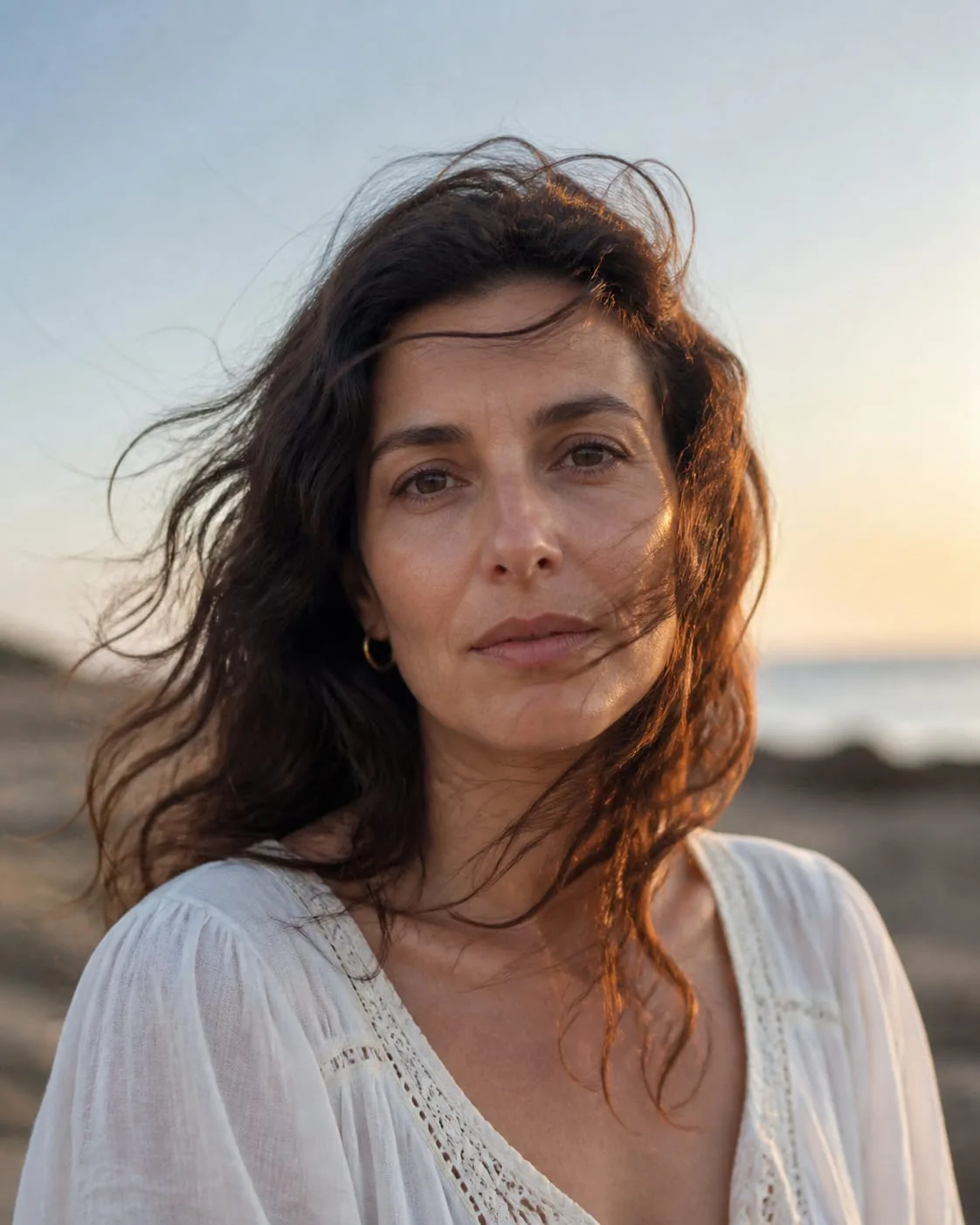 Retrato de demostración durante el atardecer junto al mar